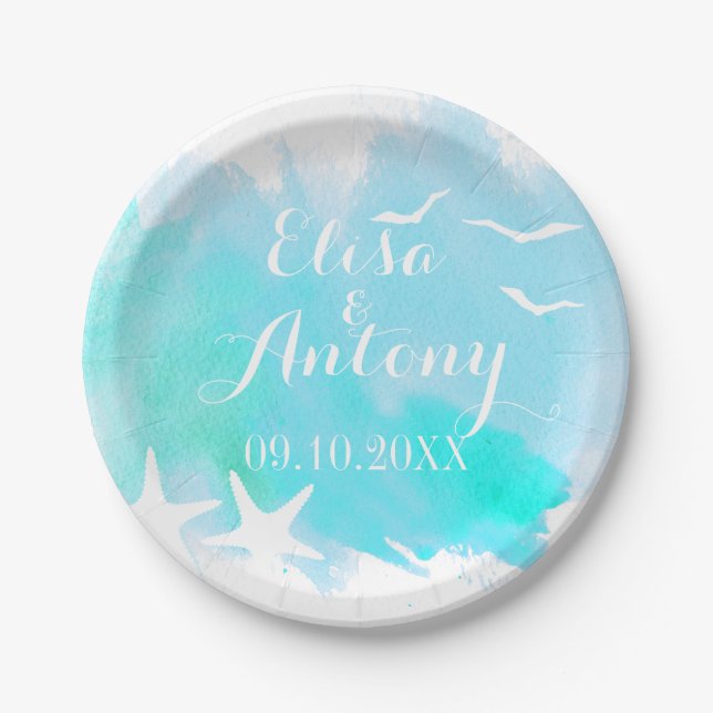 Aqua watercolor, starfish beach wedding paper plate (Front)