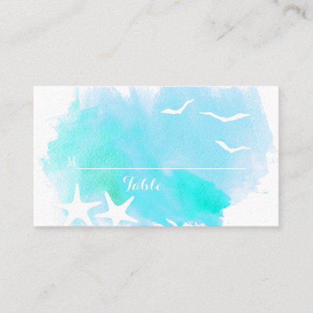 Aqua watercolor, starfish beach wedding place card (Front)