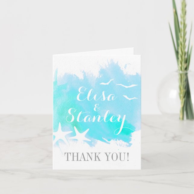 Aqua watercolor, starfish beach wedding Thank You Card (Front)