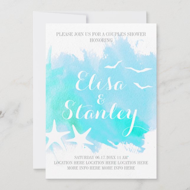 Aqua watercolor, starfish wedding couples shower invitation (Front)