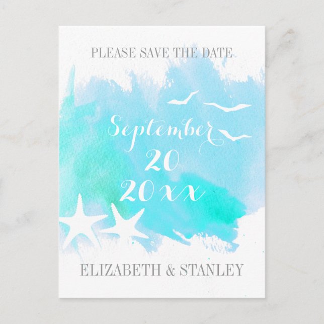Aqua watercolor, starfish wedding Save the Date Announcement Postcard (Front)