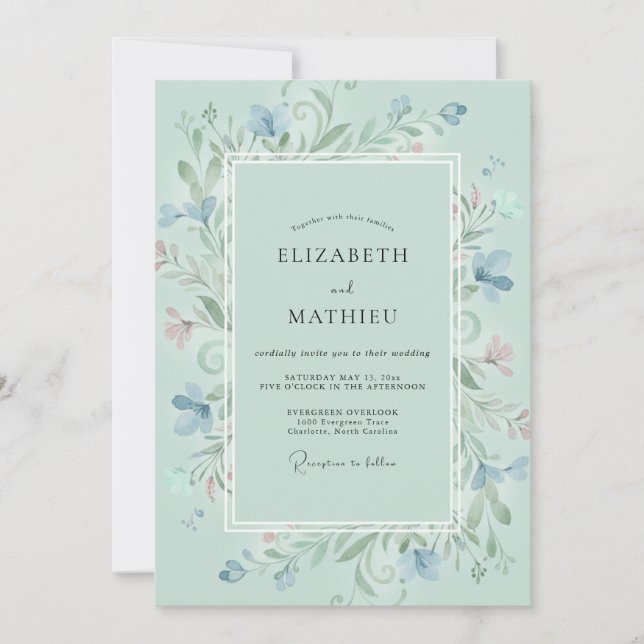 Aqua Watercolor Vine Wedding Invitation (Front)