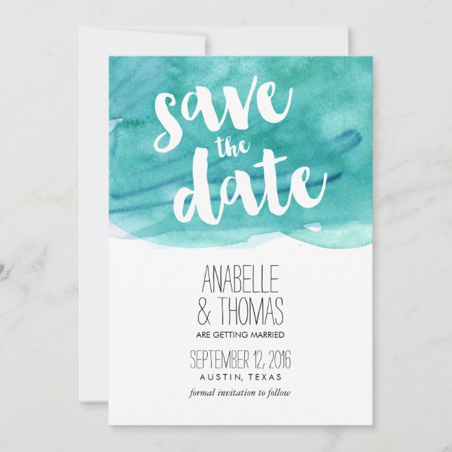 Aqua Watercolor Wedding Save the Date Invitation (Front)
