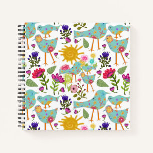 Aqua Whimsical Birds and Flowers Sunny Day Notebook