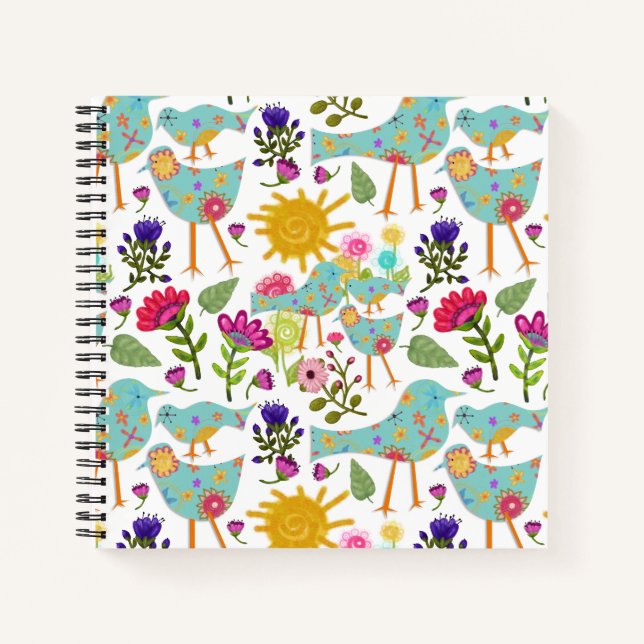 Aqua Whimsical Birds and Flowers Sunny Day Notebook (Front)