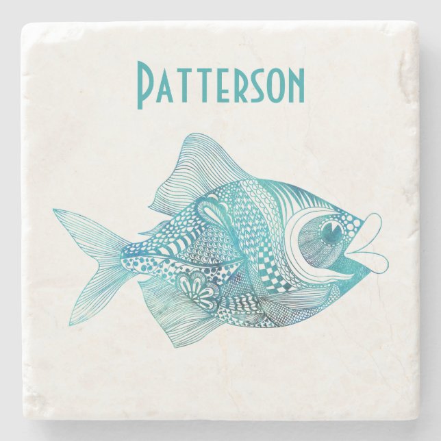 Aqua Whimsical Fish Personalised Stone Coaster (Front)