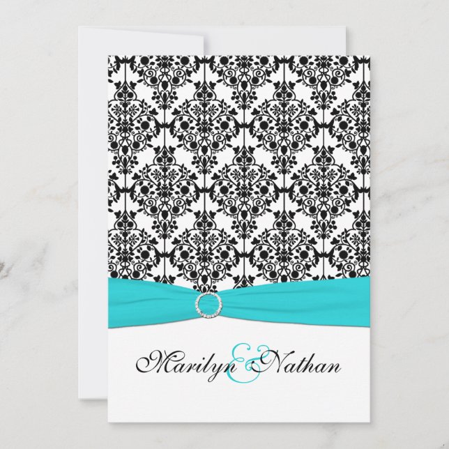 Aqua, White and Black Damask II Wedding Invitation (Front)