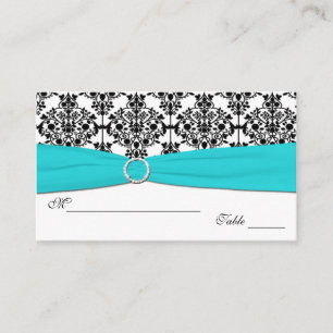 Aqua, White and Black Damask Placecards