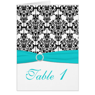 Aqua, White and Black Damask Table Number Card