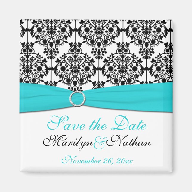 Aqua, White, and Black Damask Wedding Favour Magne Magnet (Front)