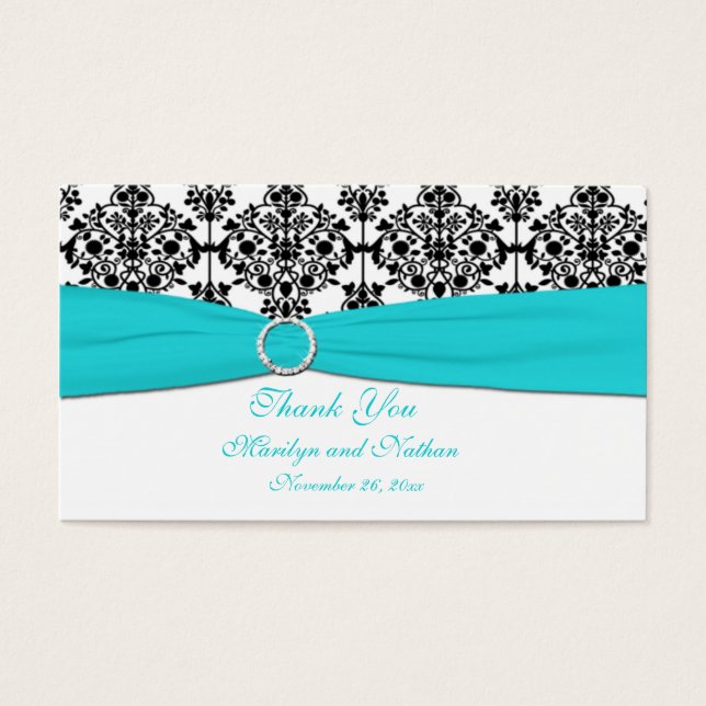 Aqua, White and Black Damask Wedding Favour Tag (Front)
