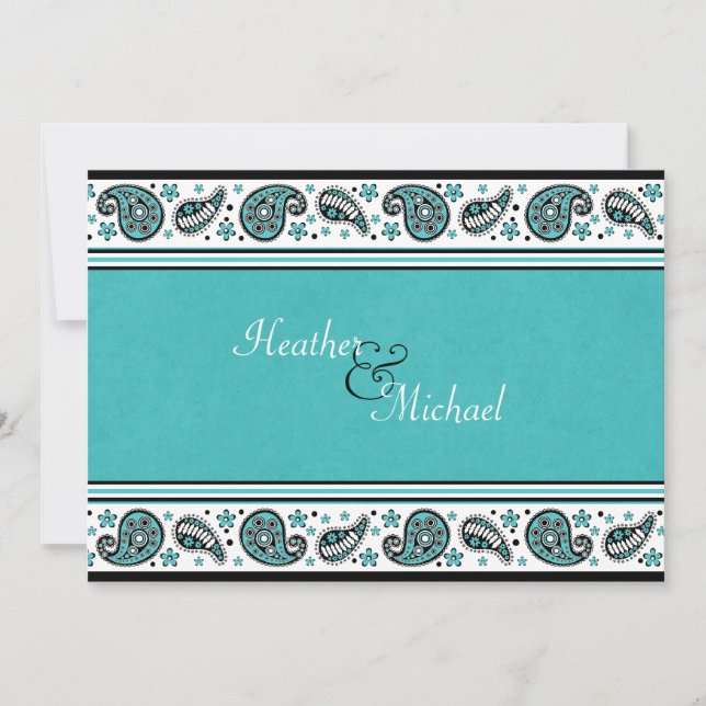 Aqua, White, and Black Paisley Wedding Invitation (Front)