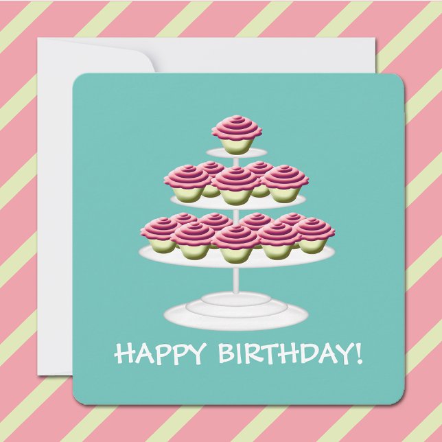 Aqua White And Pink Cupcake Tower Happy Birthday Invitation (Creator Uploaded)