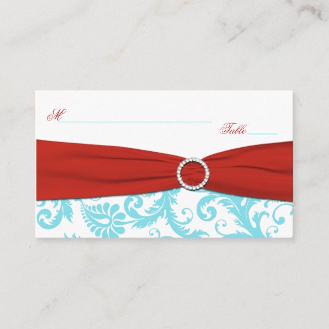 Aqua, White, and Red Damask Placecards (Front)