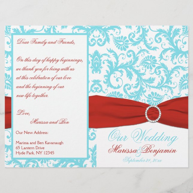 Aqua, White, and Red Damask Wedding Program (Front)