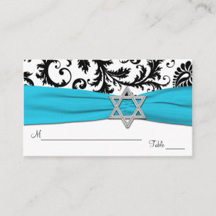 Aqua, White, Black Damask Bat Mitzvah Placecards