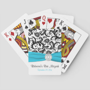 Aqua White Black Damask Bat Mitzvah Playing Cards