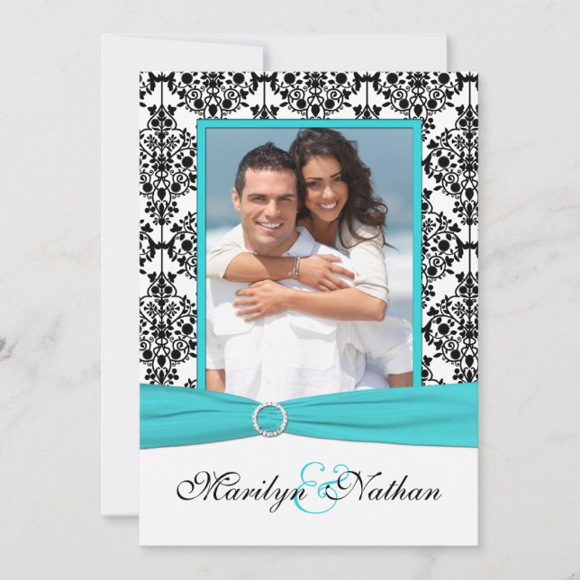 Aqua, White, Black Damask II Photo Wedding Invite (Front)