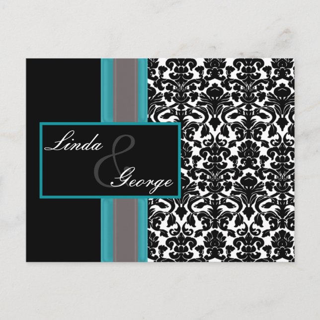 Aqua White Black Damask Wedding Invitations (Front)