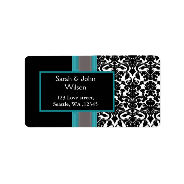 Aqua White Black Damask Wedding Invitations Label (Front)
