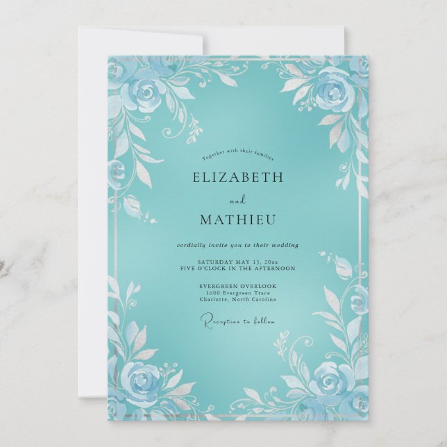 Aqua White Blossom Wedding Invitation (Front)