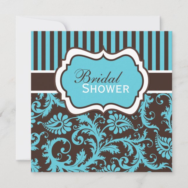 Aqua, White, Brown Damask Bridal Shower Invite (Front)