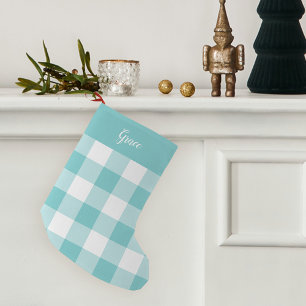 Aqua & White Buffalo Plaid Personalised Small Christmas Stocking