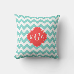 Aqua White Chevron Coral Red Quatrefoil 3 Monogram Cushion