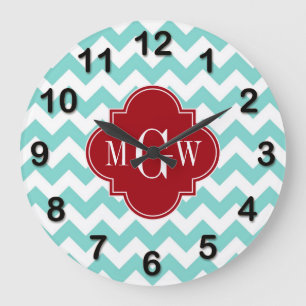 Aqua White Chevron Cranberry Quatrefoil 3 Monogram Large Clock