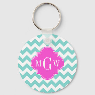 Aqua White Chevron Hot Pink Quatrefoil 3 Monogram Key Ring