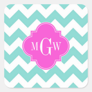 Aqua White Chevron Hot Pink Quatrefoil 3 Monogram Square Sticker