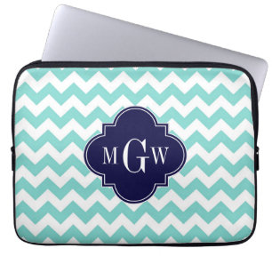 Aqua White Chevron Navy Blue Quatrefoil 3 Monogram Laptop Sleeve