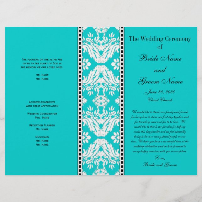 Aqua White Damask Wedding Program (Front)