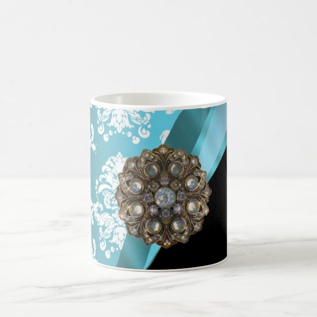 Aqua & white damask with faux crystal gem coffee mug (Center)