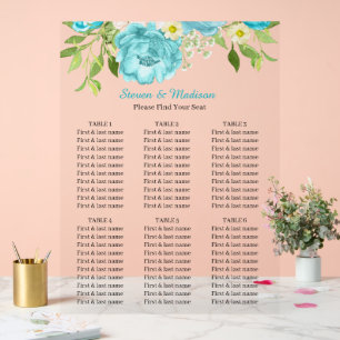 Aqua & White Floral Wedding Reception Seating Acrylic Sign
