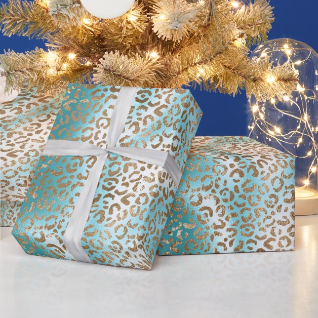 Aqua White Gold Leopard Print Wrapping Paper (Holidays)