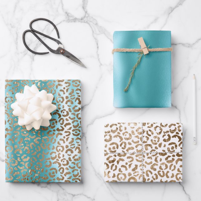 Aqua White Gold Leopard Print Wrapping Paper Sheet (Front)