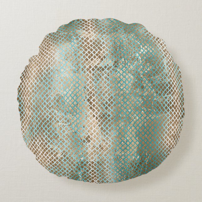 Aqua White Gold Snake Print Round Cushion (Front)