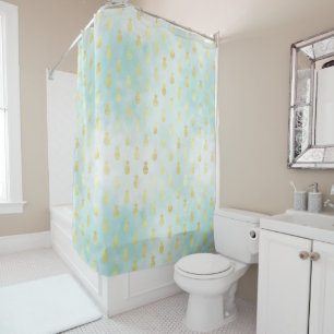 Aqua White Gold Tropical Glam Pineapples Shower Curtain