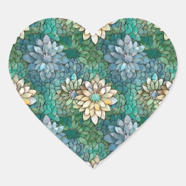 Aqua White Green Floral Heart Sticker (Front)