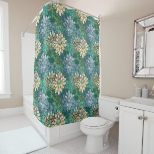 Aqua White Green Floral Shower Curtain