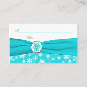 Aqua, White, Grey Snowflakes Place Cards