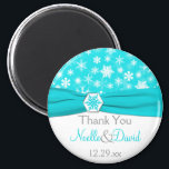 Aqua, White, Grey Snowflakes Wedding Favour Magnet<br><div class="desc">This turquoise and white snowflakes wedding favour thank you magnet with FAUX aqua blue ribbon and snowflake medallion matches the wedding invitation shown below. All the text is customisable, and you can change the size and shape. If you require any other matching items in this design, please email your request...</div>
