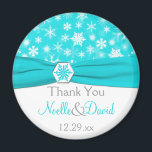 Aqua, White, Grey Snowflakes Wedding Favour Magnet<br><div class="desc">This turquoise and white snowflakes wedding favour thank you magnet with FAUX aqua blue ribbon and snowflake medallion matches the wedding invitation shown below. All the text is customisable, and you can change the size and shape. If you require any other matching items in this design, please email your request...</div>