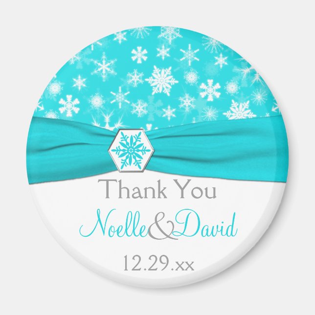 Aqua, White, Grey Snowflakes Wedding Favour Magnet (Front)