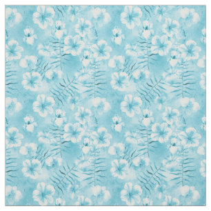 Aqua White Hibiscus Orchids Tropical Floral Fabric