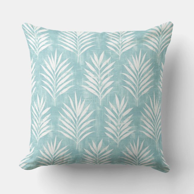 Aqua & White Palm Leaf Throw Pillow (Front)