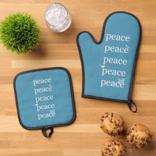 Aqua White Peace Birds Oven Mitt & Pot Holder Set