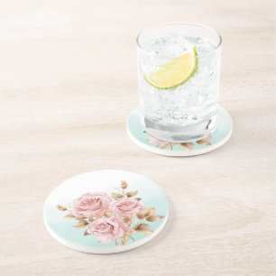 Aqua White Pink Gold Rose Floral Coaster