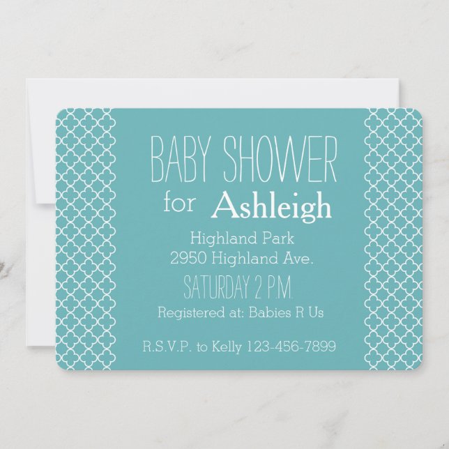 Aqua White Quatrefoil baby shower Invitation (Front)